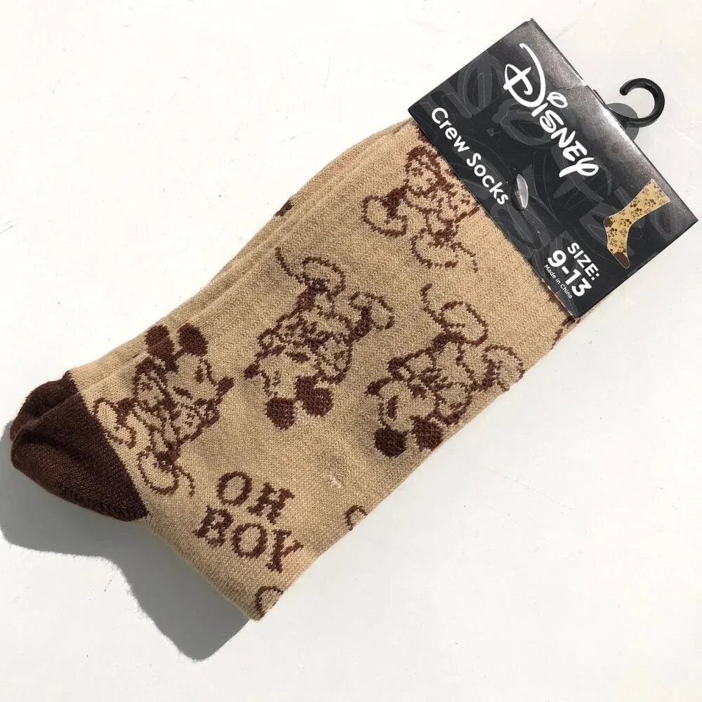 Disney Mickey Mouse OH BOY Crew Socks Size 9-13 Tan Brown New 081715031060